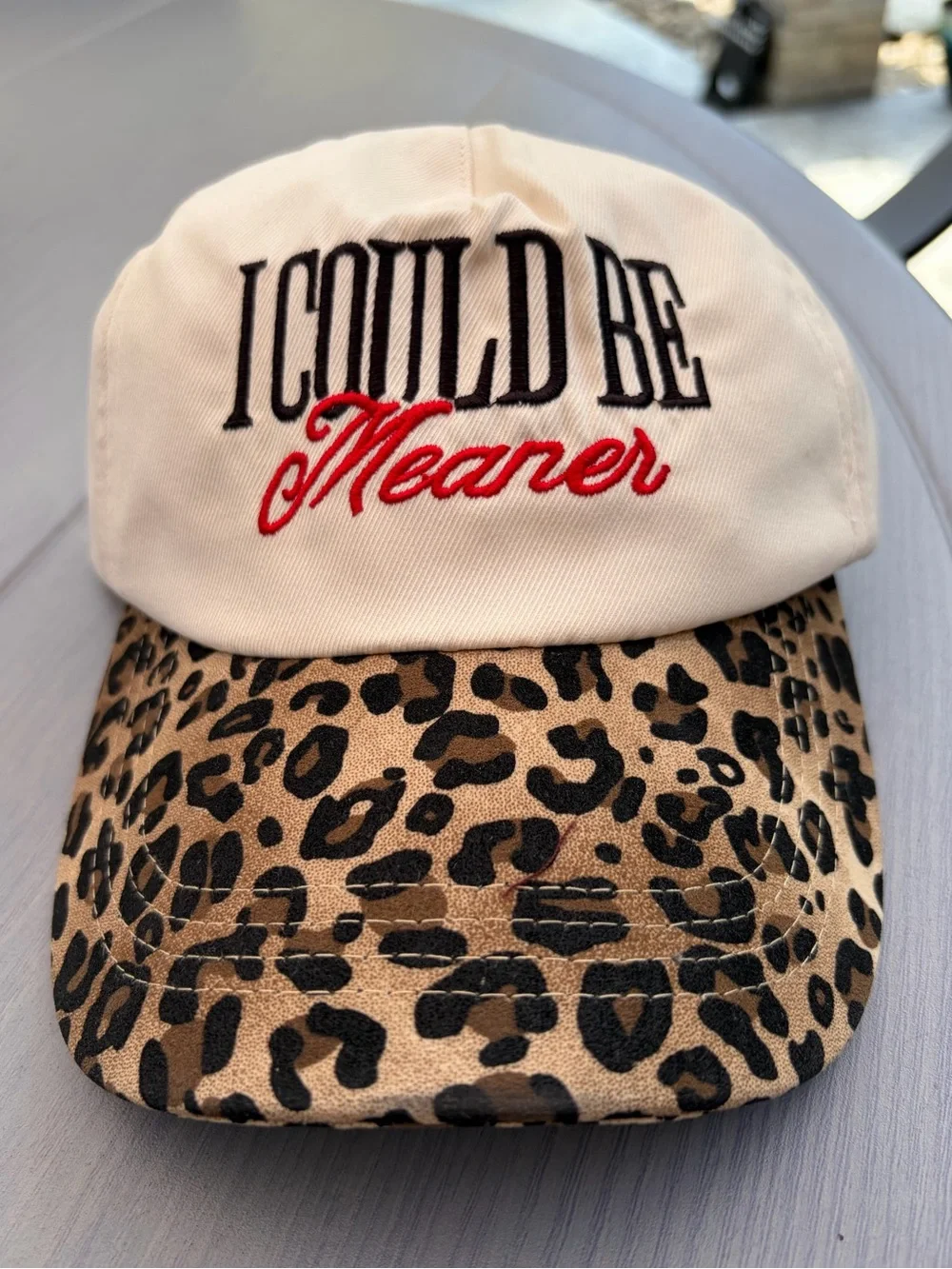 'I Could Be Meaner' Cream Baseball Cap with Leopard Print Brim ❤️
